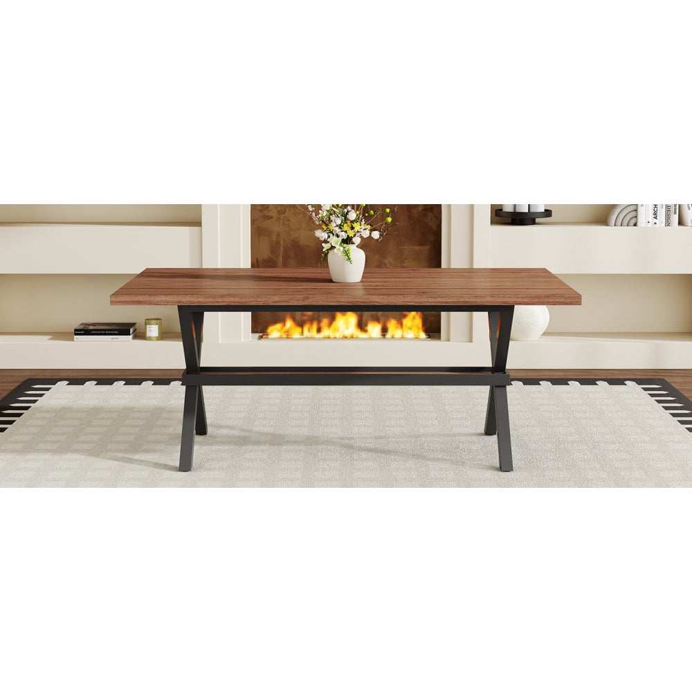 Modern 71 Wood Dining Table, Light Wood Grain MDF Top with X-Shaped Metal Legs, Seats 6-8 People, for Kitchen & Dining Room
