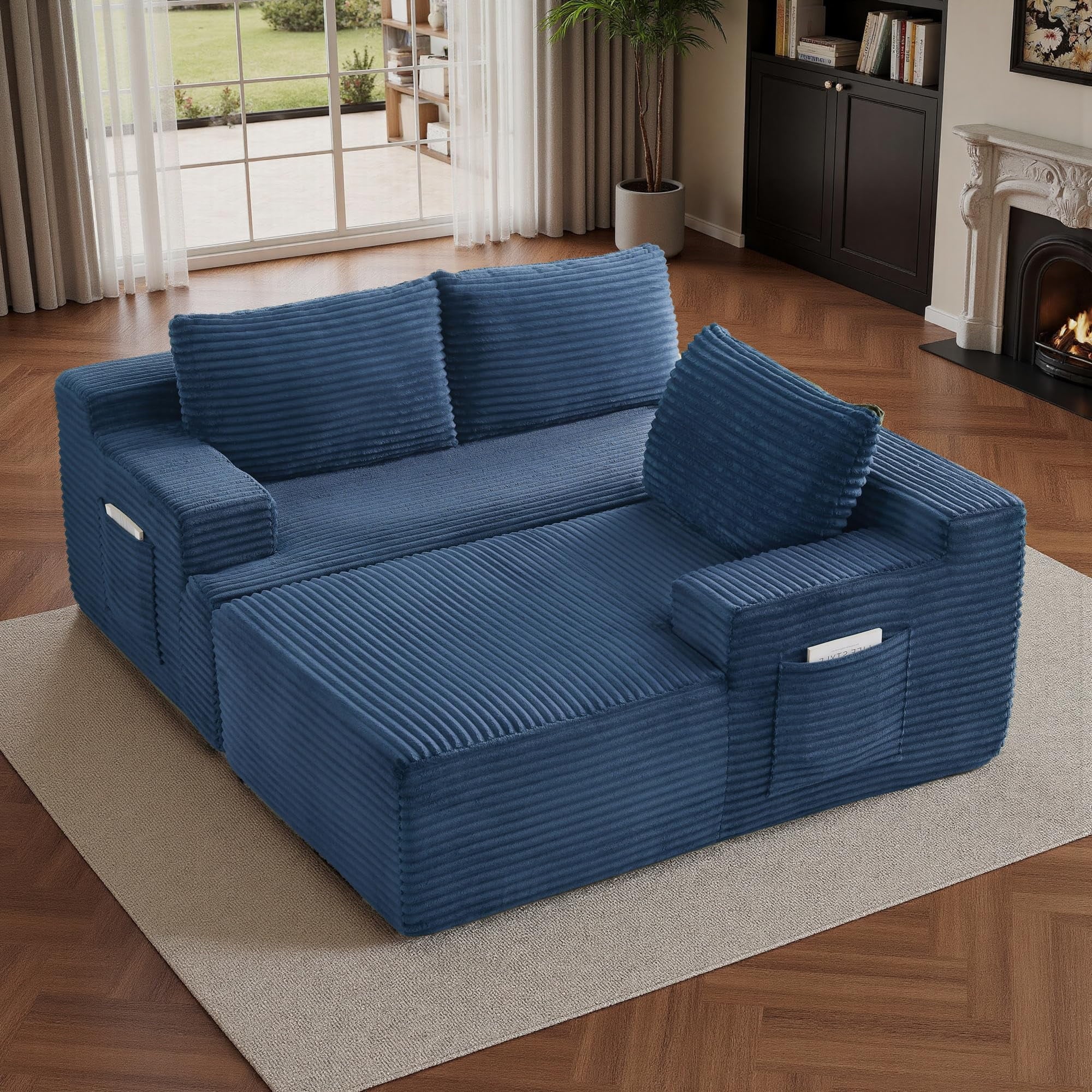 96 L-Shaped Sectional Couches for Living Room, Modular Cloud Couch with Chaise, Corduroy Deep Seat Boneless Sofa, No Assembly, Black