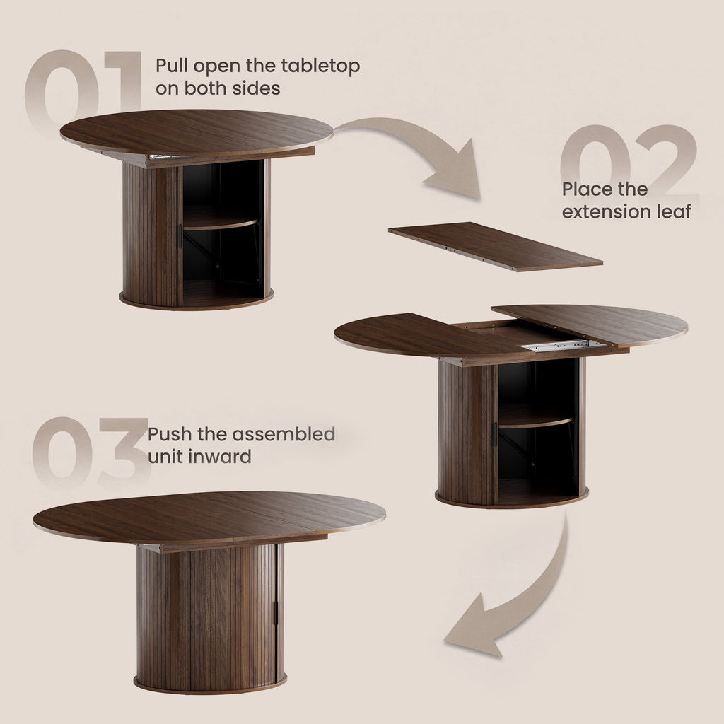 EOP 47″- 63″ Extendable Round Dining Table for 4-6, Wooden Kitchen Table with Hidden Storage and Fluted Sliding Door Cabinet, Modern Space-Saving Table for Dining Room Kitchen, Walnut