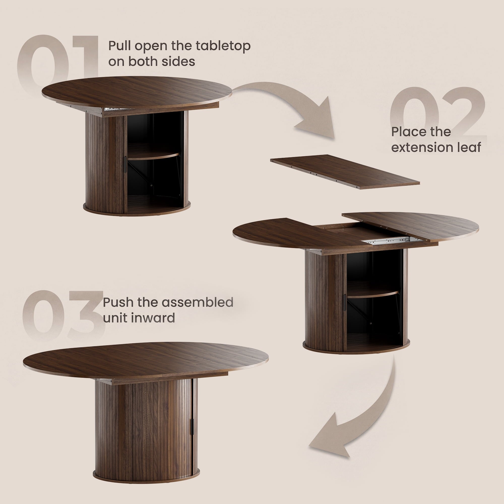 EOP 47″- 63″ Extendable Round Dining Table for 4-6, Wooden Kitchen Table with Hidden Storage and Fluted Sliding Door Cabinet, Modern Space-Saving Table for Dining Room Kitchen, Walnut