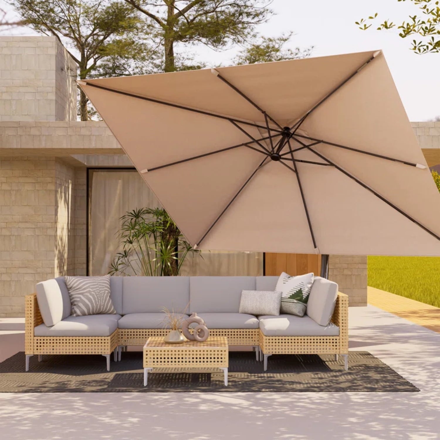 GRANDPATIO Patio Umbrellas 10x13 FT Rectangular Offset Umbrella, Large Patio Cantilever Umbrella with Base Aluminum Outdoor Umbrella for Garden Poolside, Champagne