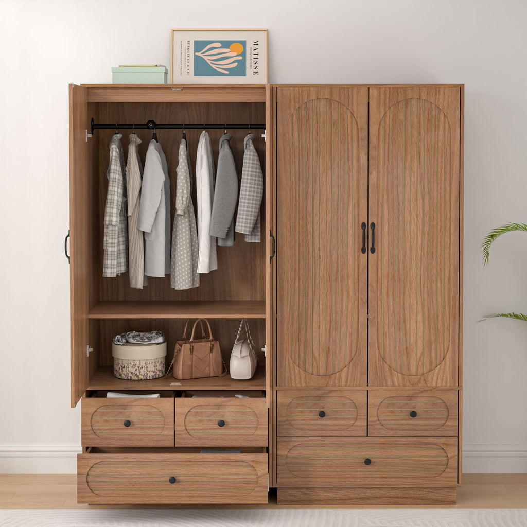 Wardrobe Closet with 2 Door & 3 Drawers, Freestanding Wooden Closet with Shelves and Hanging Rod, Bedroom