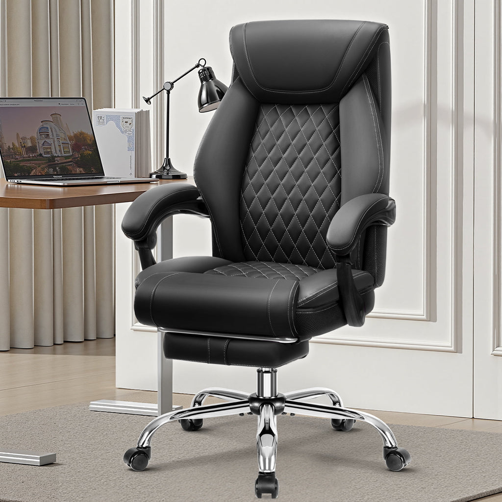 FASTES Ergonomic Office Chair, Big and Tall Leather Desk Chair with Footrest and Lumbar Support, 2-Position Reclining Executive Computer Chair, Black