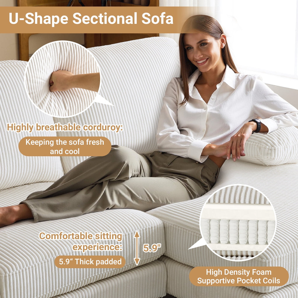 Ktaxon U-Shaped Sectional Sofa, 111  Chenille Couch, 4 Seat Lounge Sleeper with Double Chaise for Living Room Black