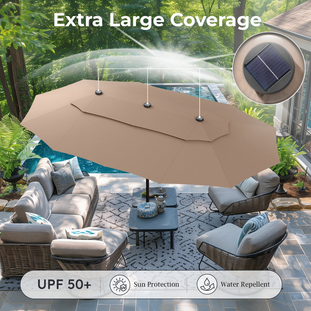 Alpha Joy 15ft Dual-Layer Extra Large Outdoor Patio Umbrella Double-Sided Ventilation Umbrella with Led Lights & Umbrella Base, Beige