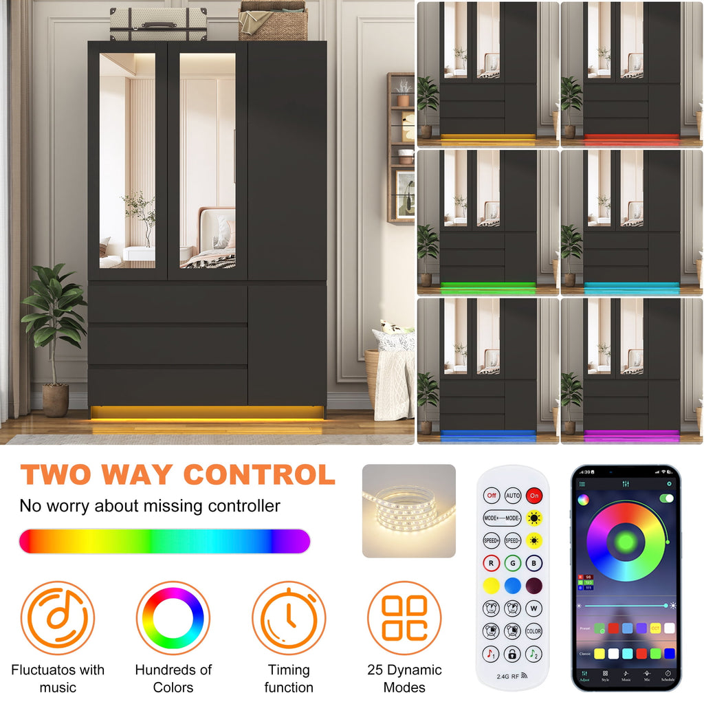 75 Tall 3 Doors Armoire Wardrobe Closet with  3 Drawers and Mirror, Large Wardrobe Closet for Bedroom with LED Lights, Wooden Armoire Storage Cabinet with Hanging Rod, Adjustable shelves (White)