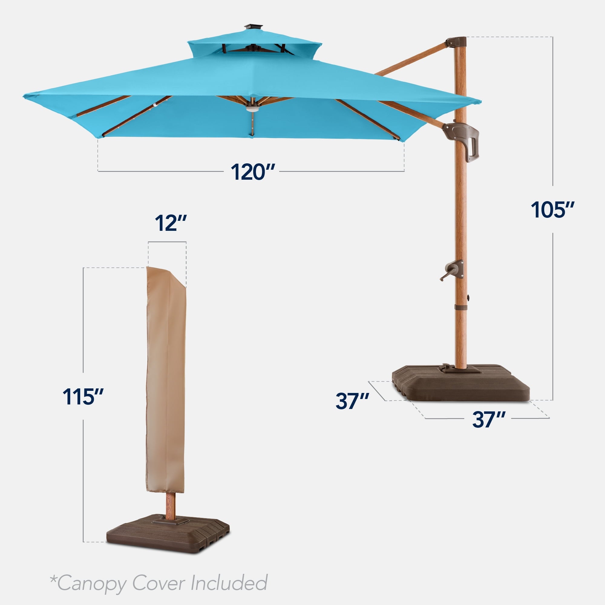 Best Choice Products 10ft Square Woodgrain Pattern 2-Tier Outdoor Solar LED Cantilever Umbrella w/ Base - Gray
