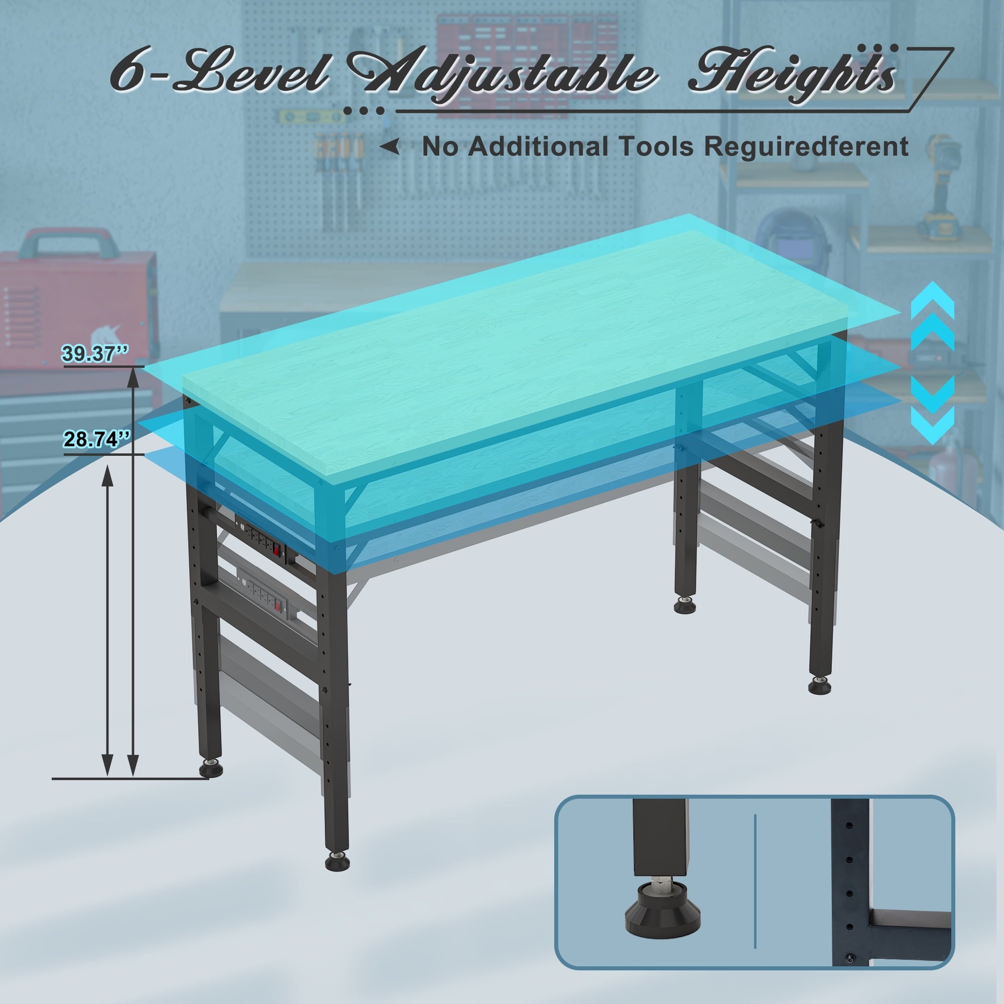 LZBEITEM 60 Adjustable Workbench for Garage, Rubber Wood Heavy Duty Workstation with Power Outlets, 2000 lbs Load Capacity Hardwood Worktable for Workshop, Garage, Office, Home, Commercial 23.62