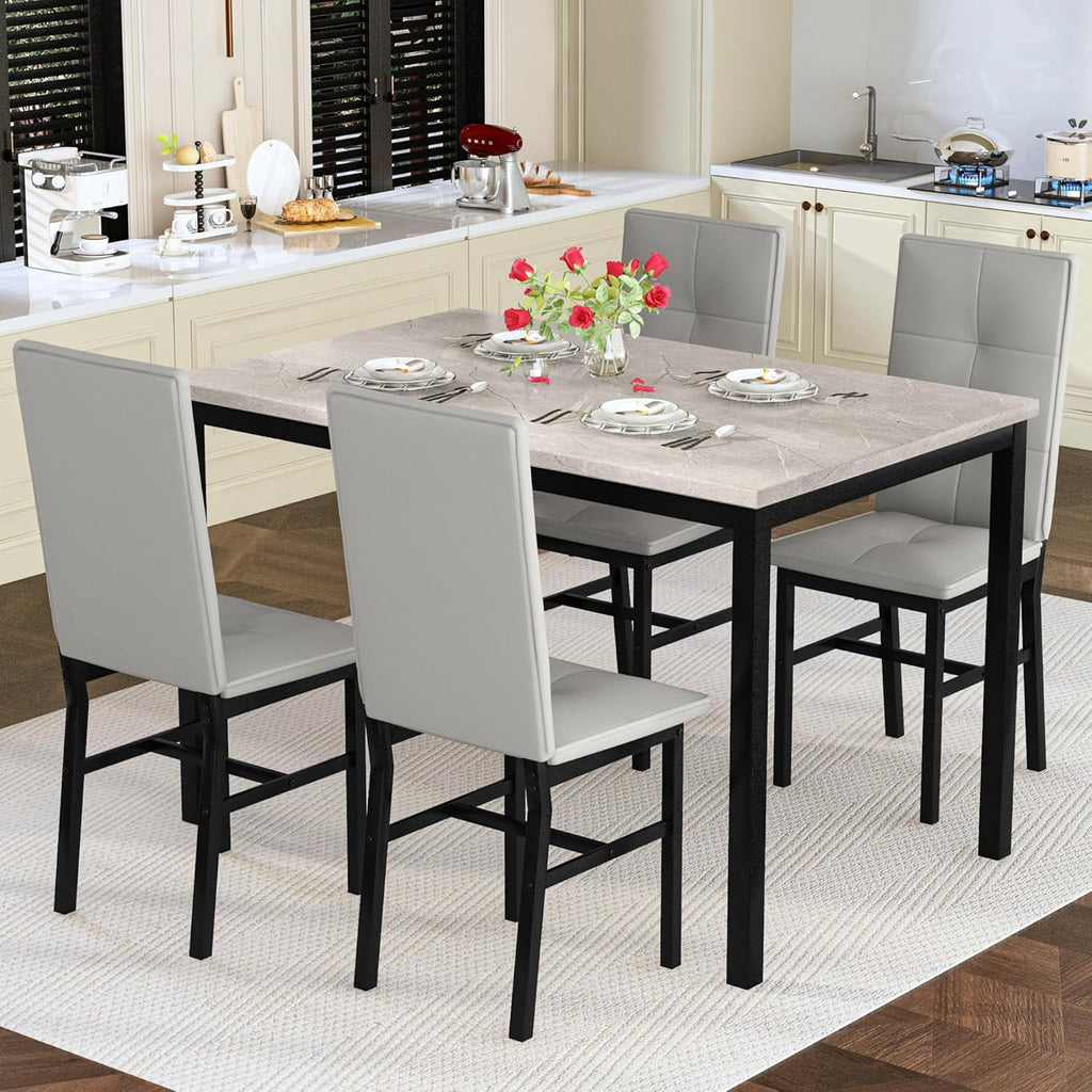 LinkRomat Dining Table Set for 4, Modern Faux Marble Tabletop and 4 PU Leather Upholstered Chairs, Kitchen Table and Chairs for Dining Room Breakfast Nook, Gray