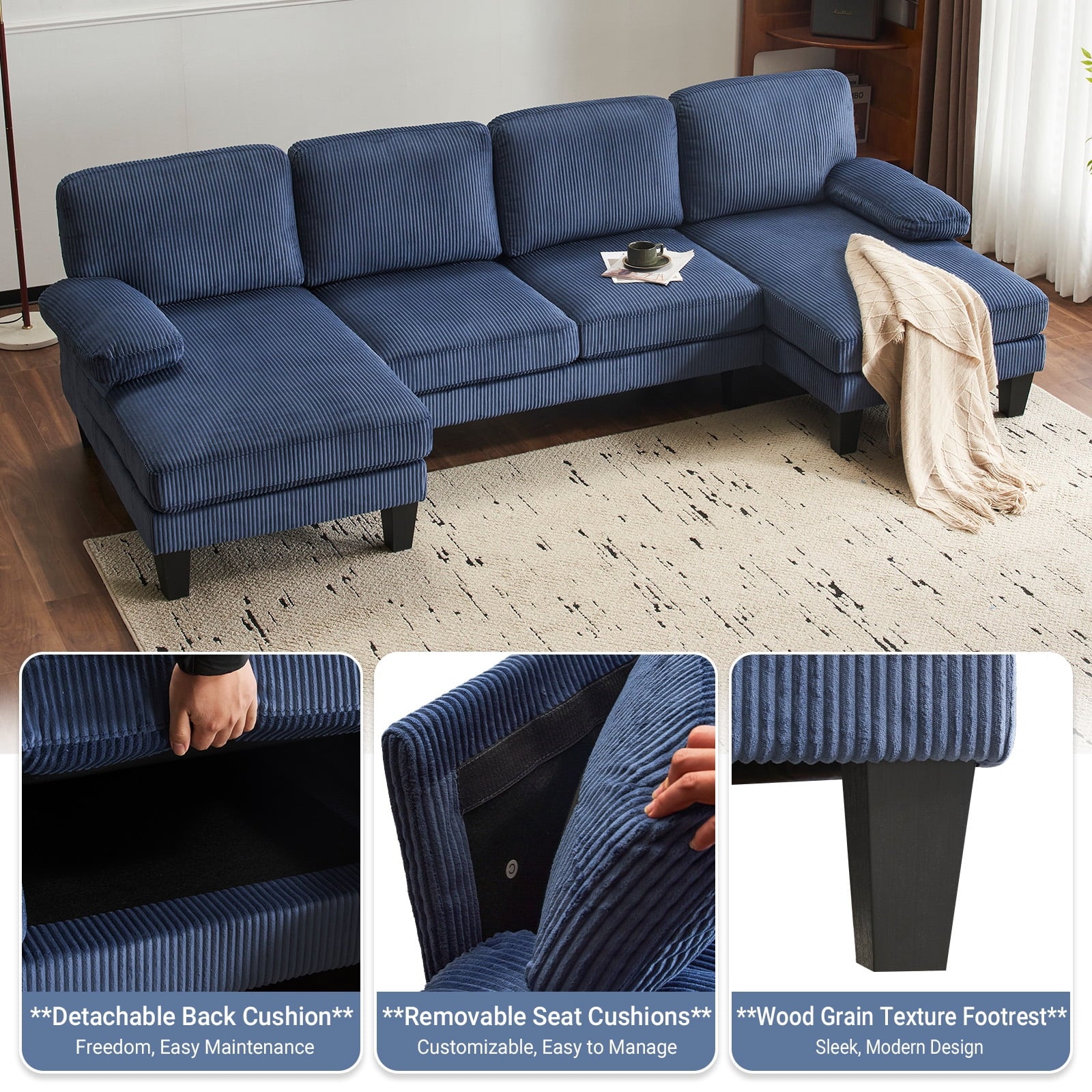 Ktaxon U-Shaped Sectional Sofa, 111  Chenille Couch, 4 Seat Lounge Sleeper with Double Chaise for Living Room Black