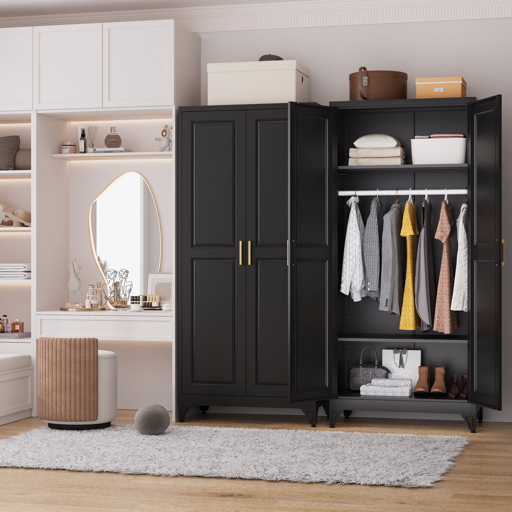 Polup 71 H Modern Metal Sturdy Armoire Cabinet with Shelves and Hanging Rod, Adult Bedroom Wardrobe Closet with Doors