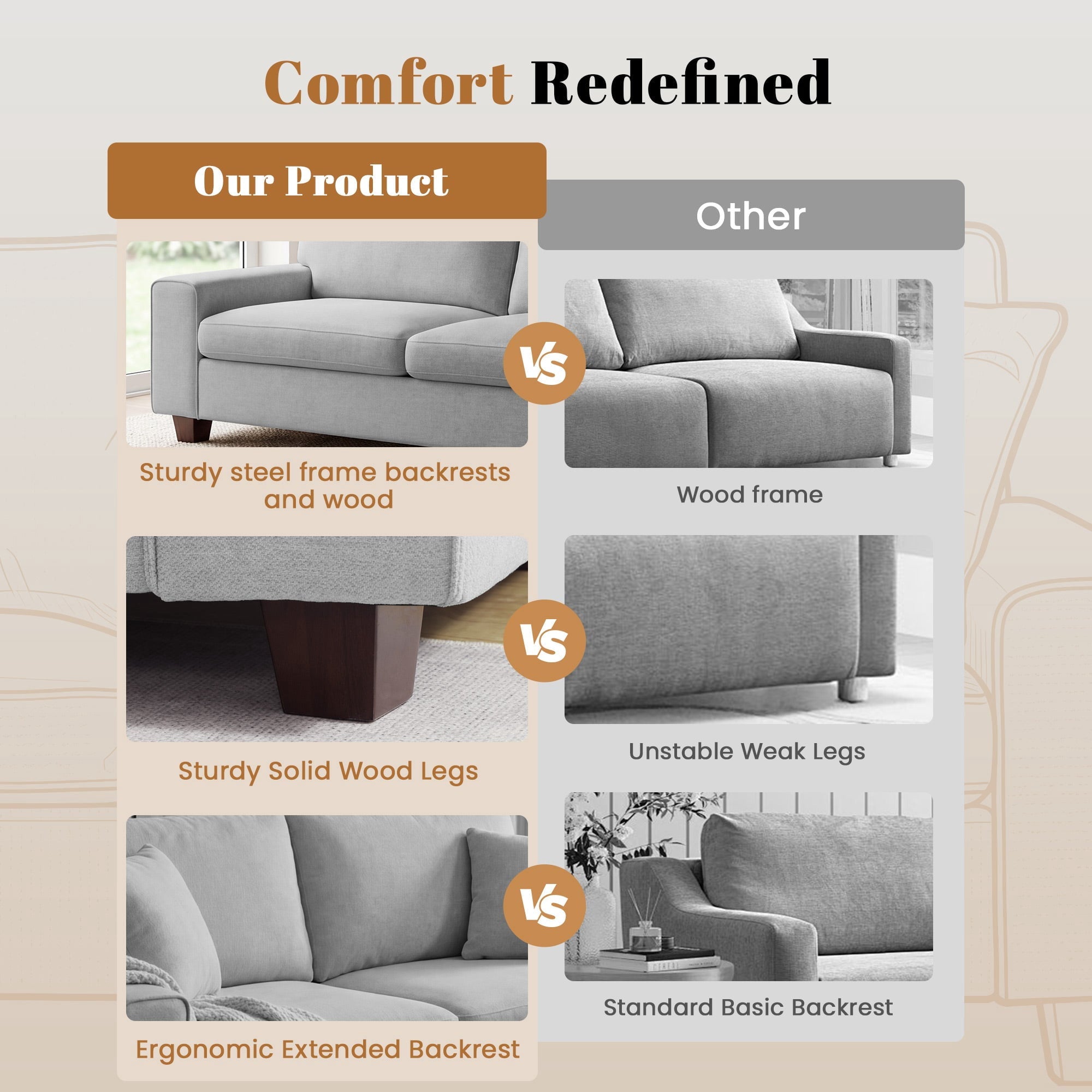Poshby 88.58''W 3 Seater Sofa Couch with Chenille, Modern Square Arm for Living Room, Light Gray