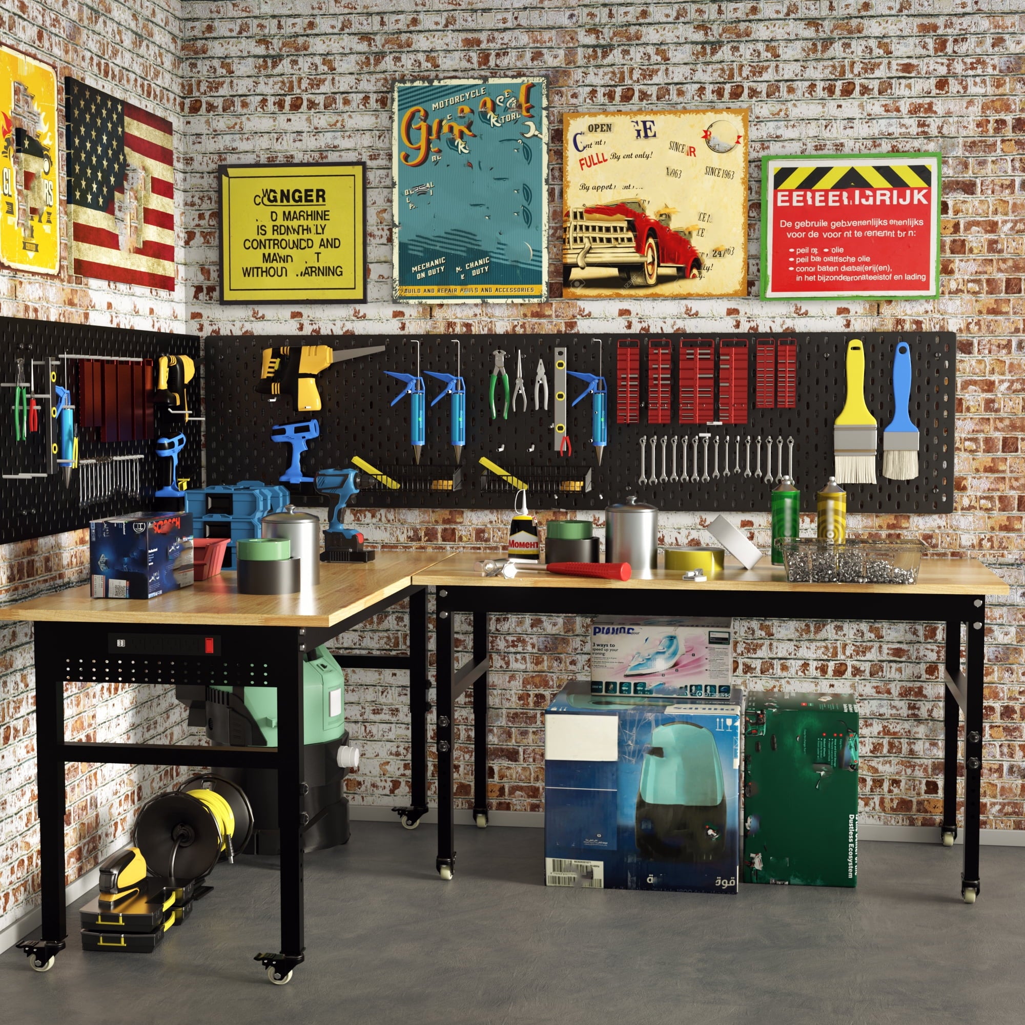 Joywind 60 Heavy-Duty Adjustable Workbench with Locking Wheels, Power Strip & Pegboard – Rubber Wood Work Table for Garage, Workshop, Home Office