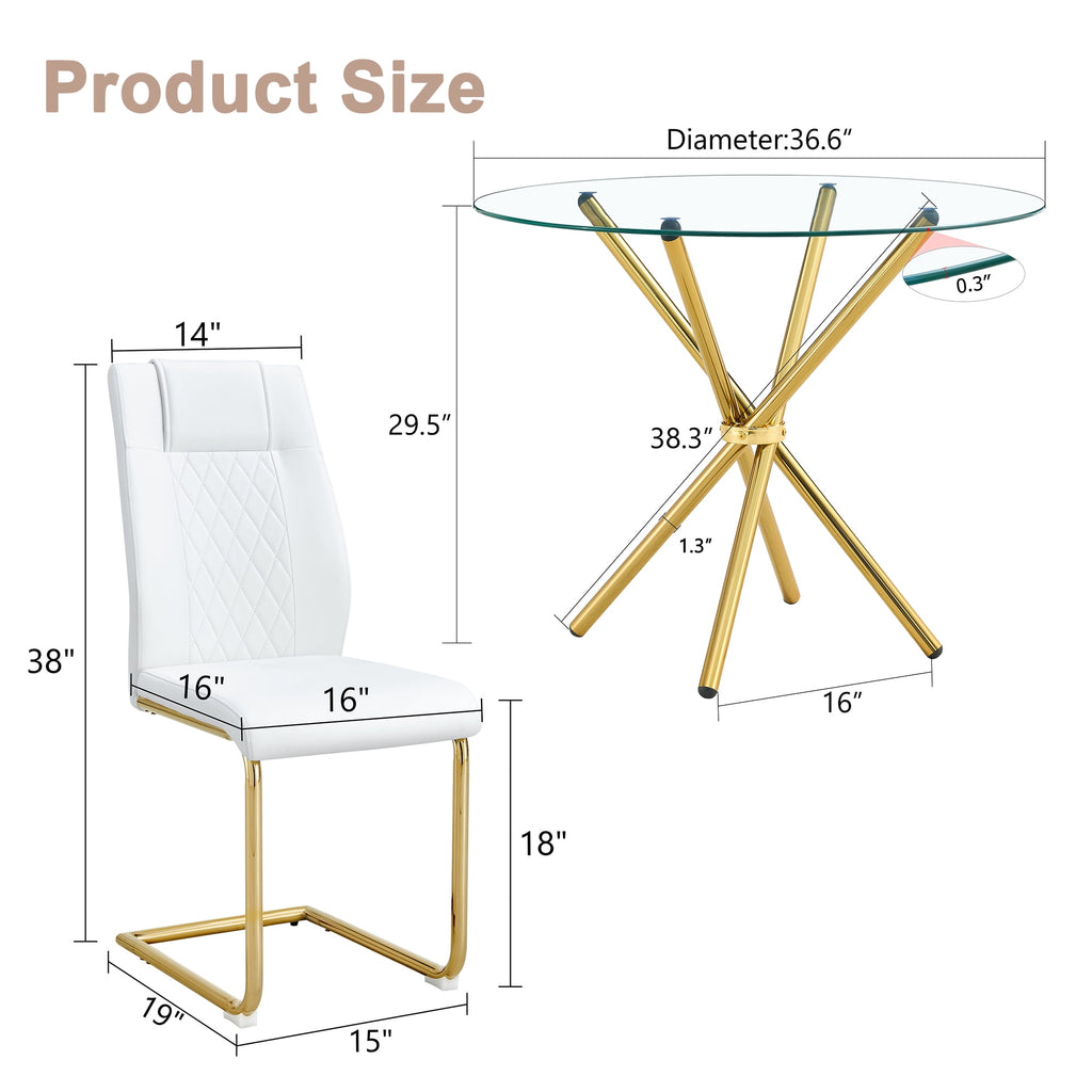 LUFTUT 36.6 Round Glass Dining Table, Modern Gold Base Kitchen Table, Small Space Bistro Table, Clear Tempered Glass Top for Apartmen