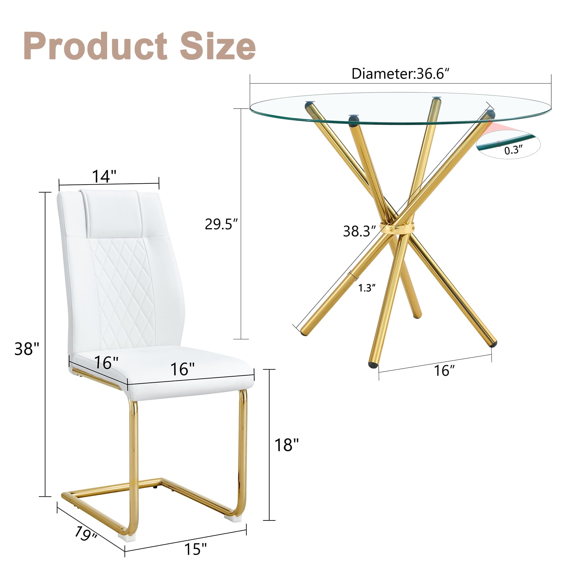 LUFTUT 36.6 Round Glass Dining Table, Modern Gold Base Kitchen Table, Small Space Bistro Table, Clear Tempered Glass Top for Apartmen