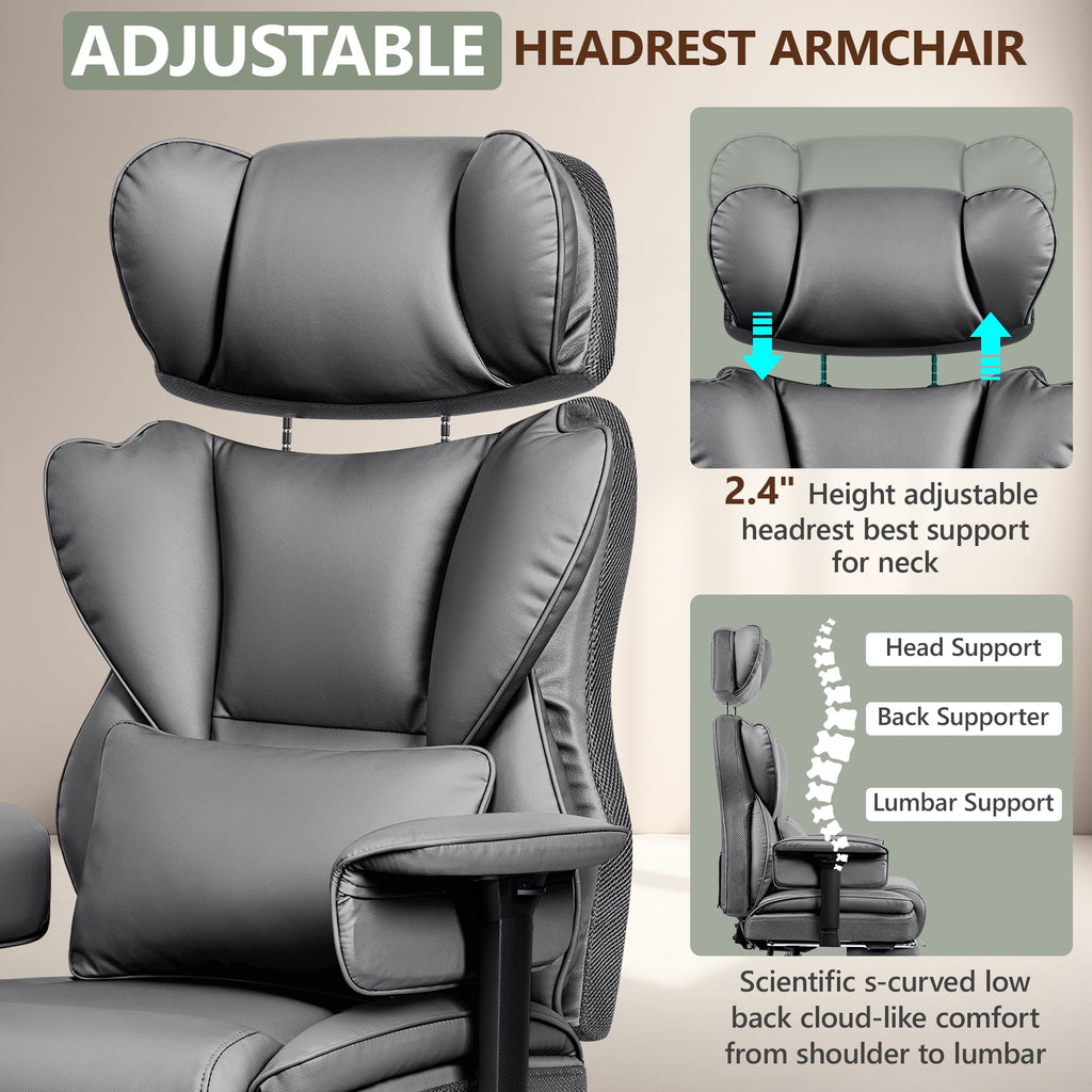 COOLHUT Big and Tall PU Leather Office Chair with Adjustable Headrest & Footrest, Executive Computer Desk Chair with 3D Adjustable Padded Armrest, Ergonomic Office Chair with Lumbar Support, Black