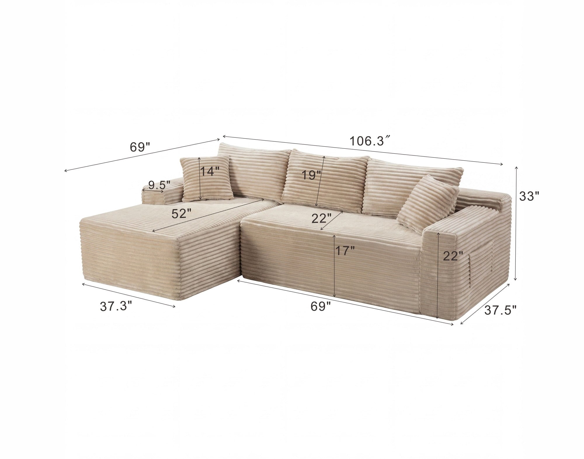LLappuil 108 Sectional Sofa, Modular Sectional Couch with Left Chaise, Deep Seat Corduroy Cloud Sofa for Living Room Black