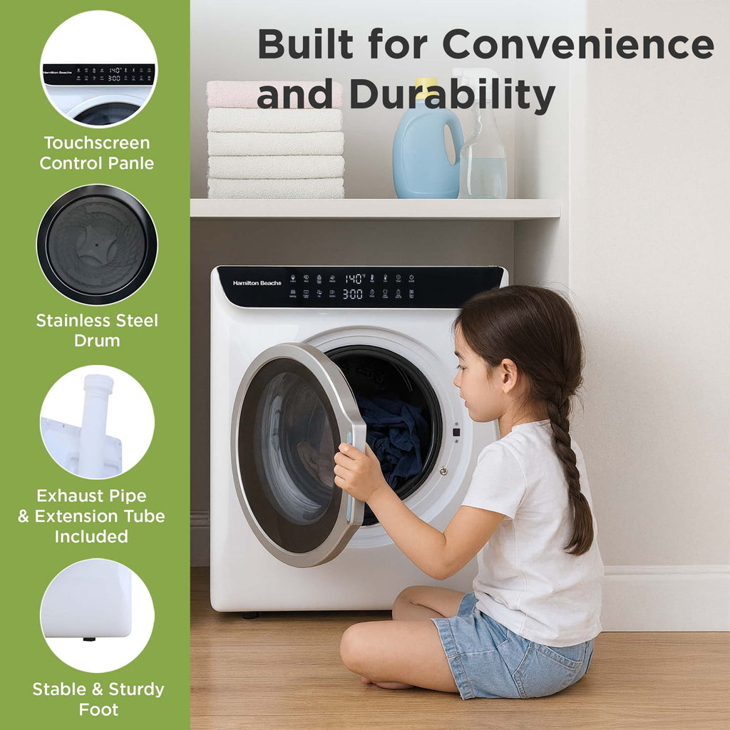 Hamilton Beach 13 lbs. Compact Tumble Dryer with Touchscreen Controls, 8 Drying Modes, Delay Start, Adjustable Heat Levels, Child Lock, Air-Vented Port, White
