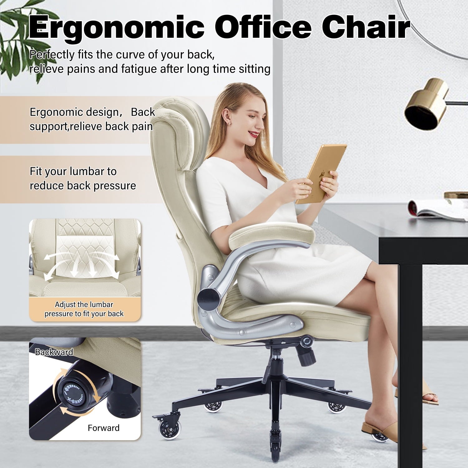 High Back Office Chair with Lockable Wheels, 400lbs Large Fabric Executive Desk Chair, Adjustable Lumbar Support Flip up Arms, Ergonomic Home Office Computer Chair with Storage Pocket, Black