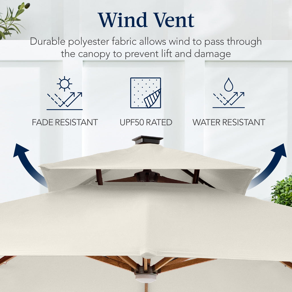 Best Choice Products 10ft Square Woodgrain Pattern 2-Tier Outdoor Solar LED Cantilever Umbrella w/ Base - Gray