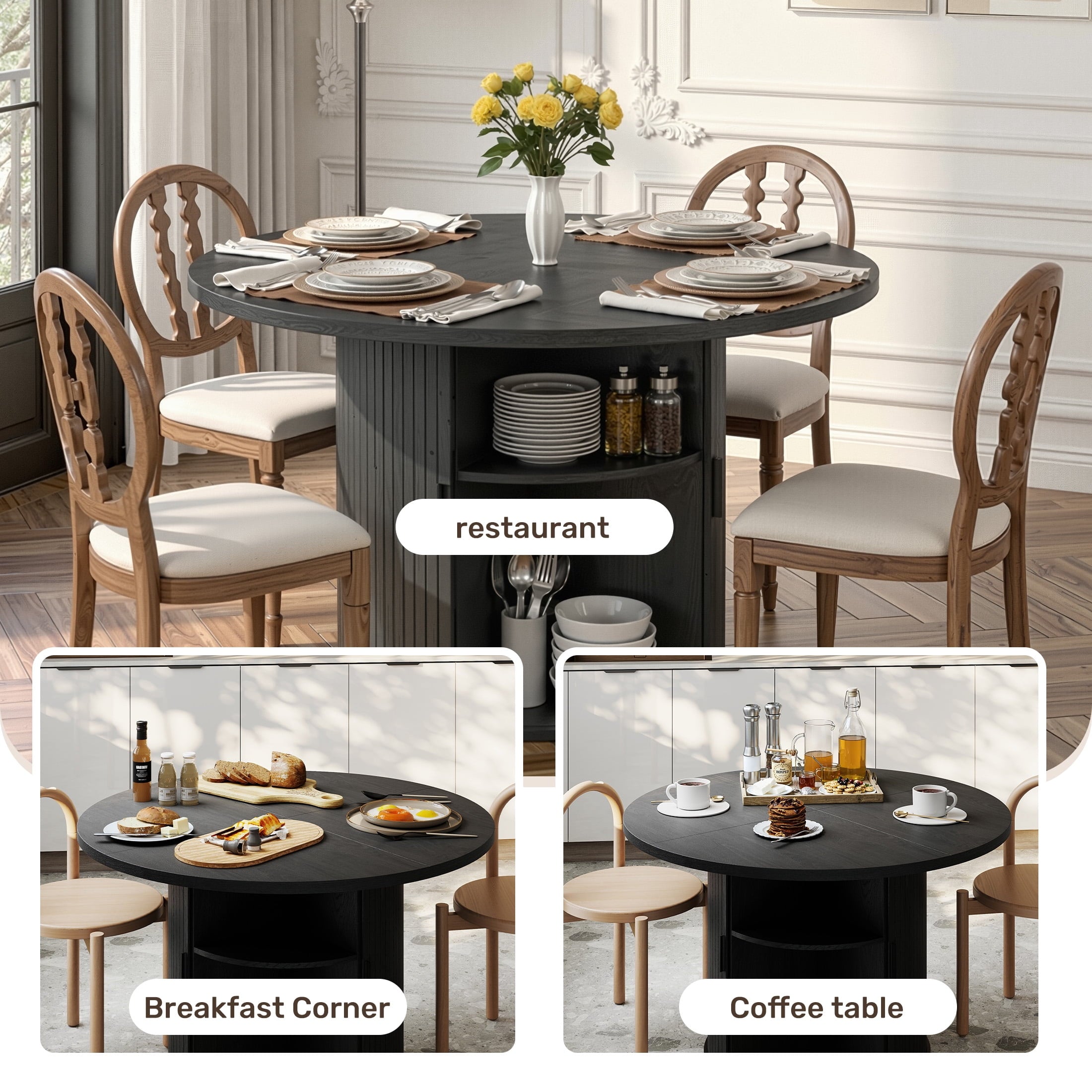 Hawsaiy 3-Piece Dining Table Set for 2, 31.5 Round Dining Table Set with 2 Upholstered Dining Chairs, Modern Farmhouse Table Set for Dining Room (Black+Black)