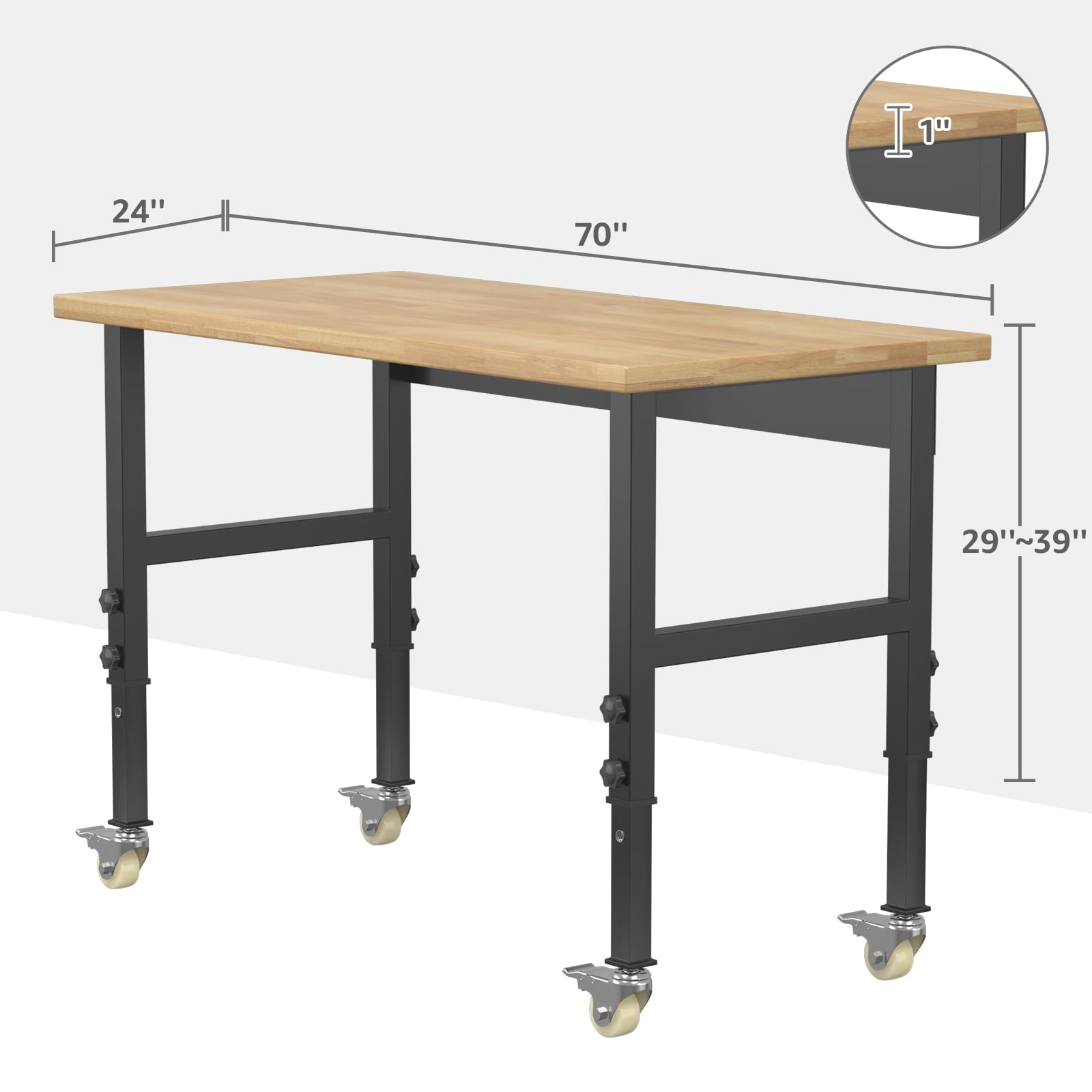 60 Adjustable Workbench,Heavy-Duty Work Table,3000 LBS Load Capacity Hardwood Workstation Outlets with Power strips and Wheels,for Workshop, Garage