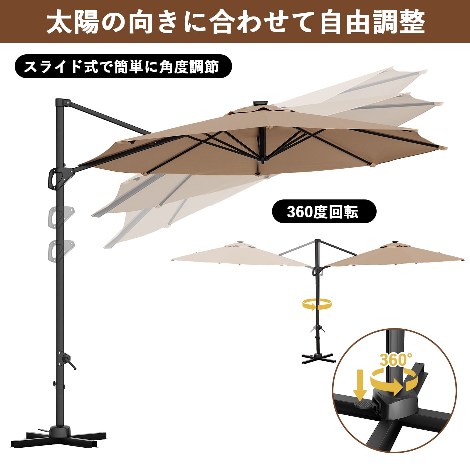 360° Rotating Cantilever Patio Umbrella – Heavy-Duty Waterproof Oxford Canopy, Adjustable Tilt, Rust-Proof Aluminum Frame, Easy Crank, Cross Base – Large Sun Shade for Garden, Poolside, Patio – Grey