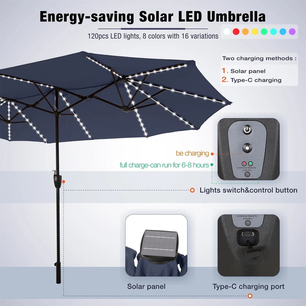 SUMMIT LIVING 13ft Large Patio Umbrella with Multi-Color LED Solar Lights Double-Sided Rectangular Outdoor Table Umbrella – Beige