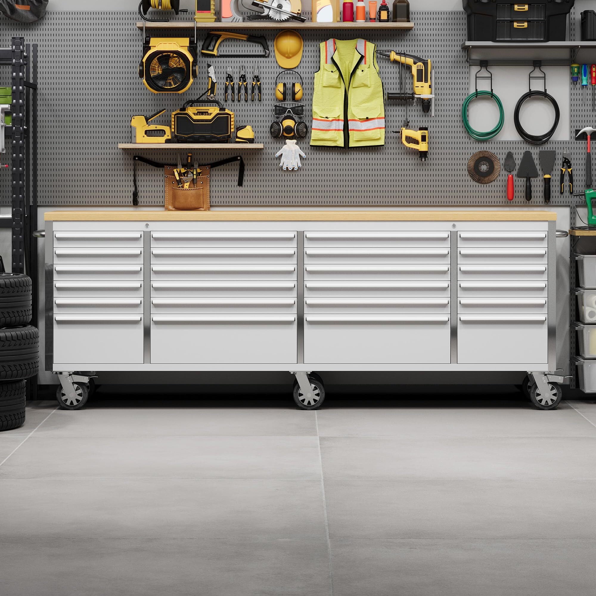 Garvee 61 Tool Chest, Rolling Workbenches with 9 Drawers and Pre-Installed Power Strip for Garage, Workshop, Kitchen