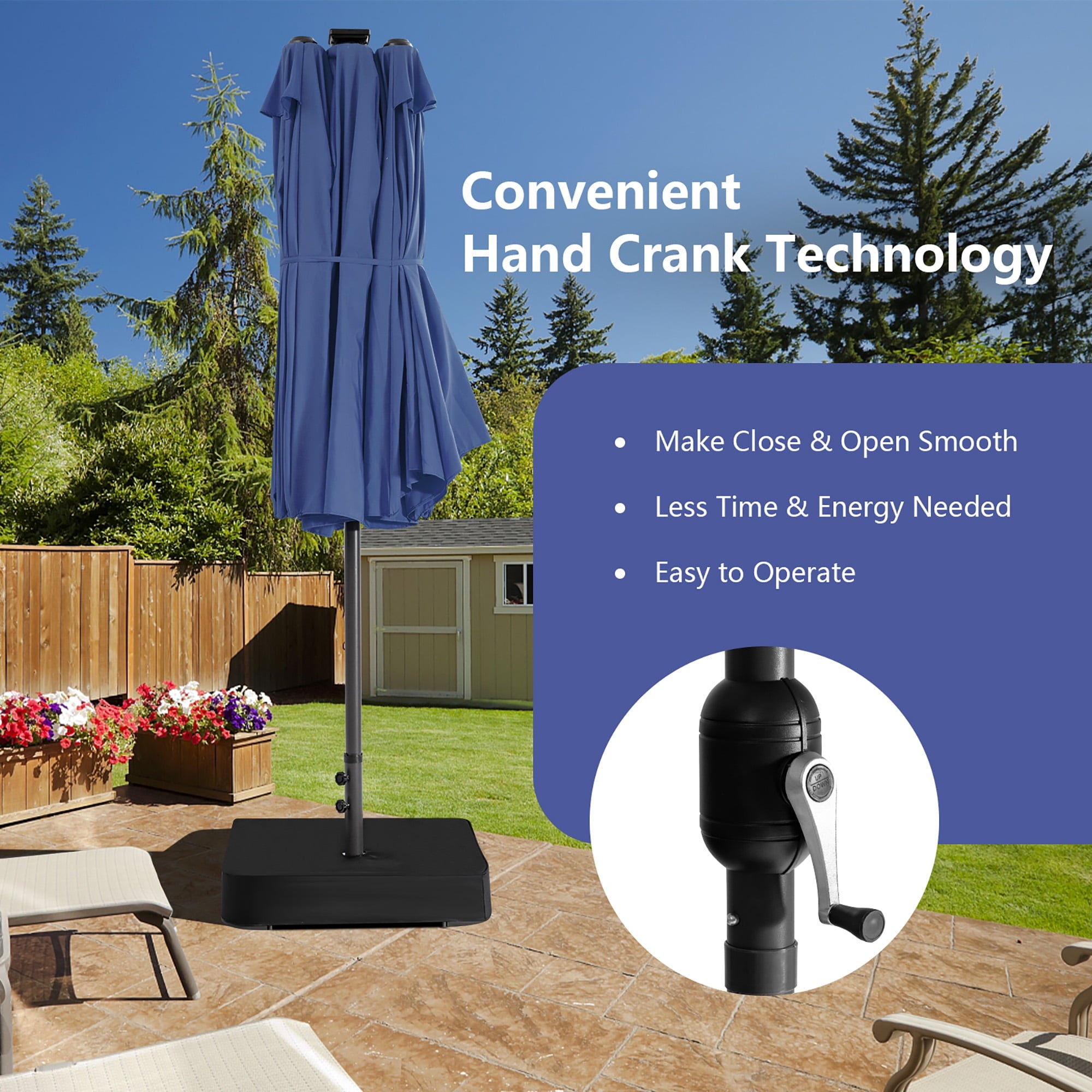 Gymax Outdoor 15' Double-Sided Patio Umbrella 48 Solar LED Lights Crank & Base Coffee