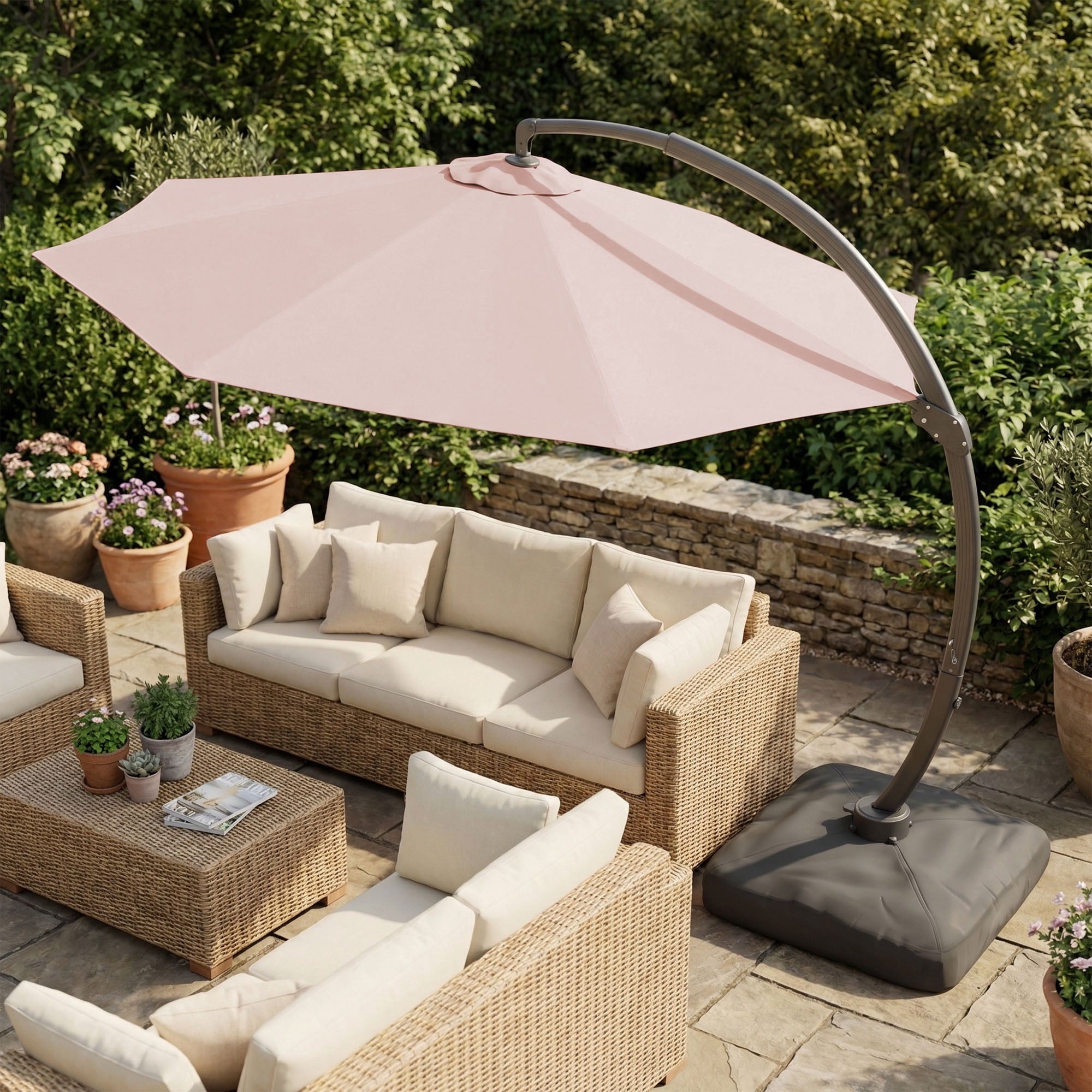 LAZZO 11ft Outdoor Patio Umbrella with Base, Aluminum Offset Cantilever Umbrella for Pool Deck, Champagne