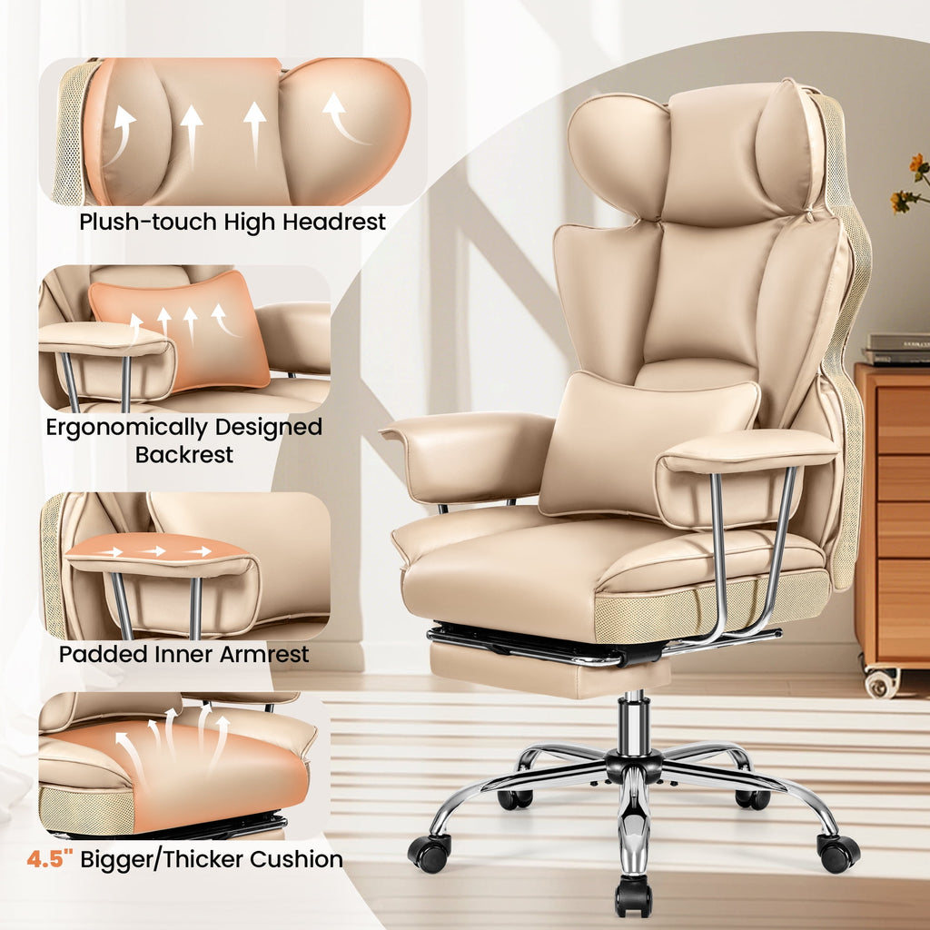 Primy High Back Office Chair, Big and Tall PU Leather Executive Chair with Footrest – Ergonomic Reclining Computer Desk Chair, High-Density Foam, Heavy Duty Swivel Rolling Chair, Black