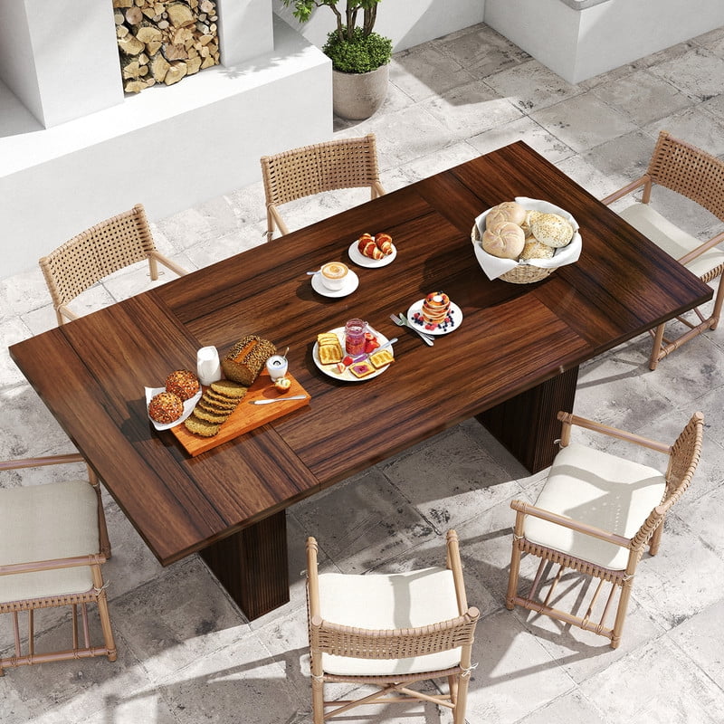 Hawsaiy 78 Rectangular Farmhouse Dining Table for 6–8, Large Kitchen Table with Grooved Wood Base, Thick Waterproof Top for Dining Room, Walnut