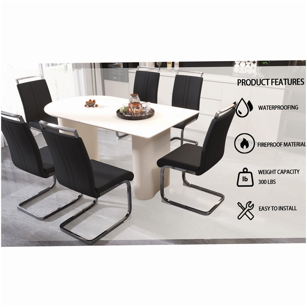 Modern Farmhouse Dining Set, 7-PC Cream Table & Black PU Chair Combo, Silver Metal Base, for Kitchen & Dining Room