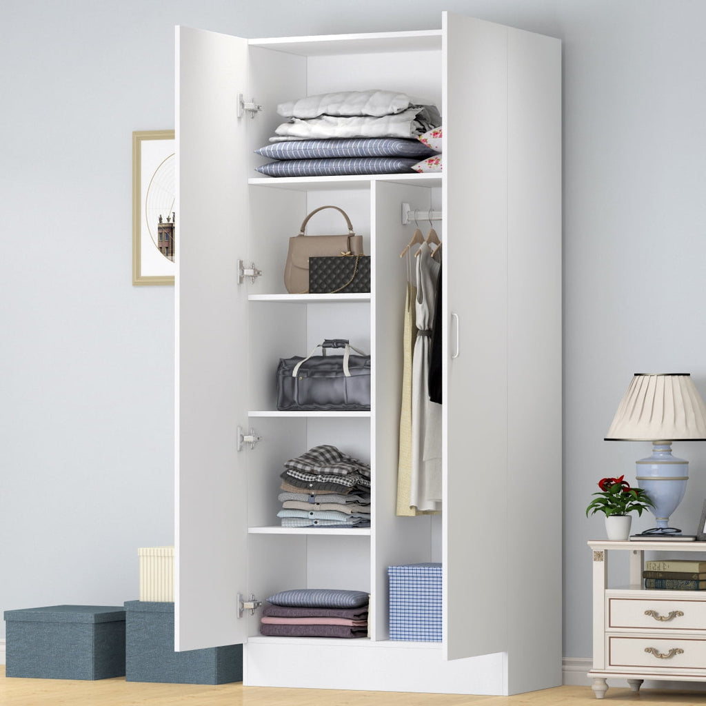 KULAGAGA 2 Doors Bedroom Armoires Wardrobe Closet Storage Organizer Compartments and Hanging Bar, White