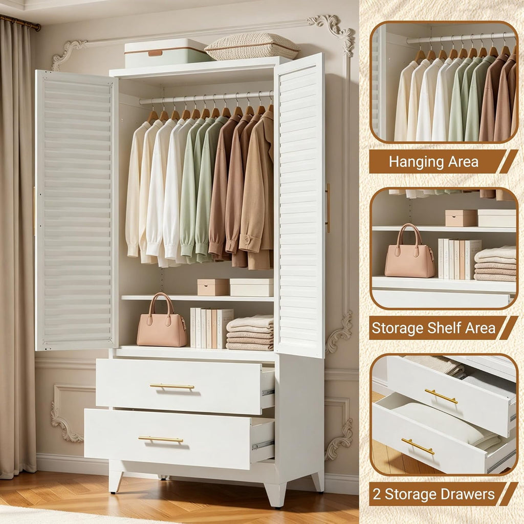 IKIMI 71H Metal Armoire Wardrobe Closet with Adjustable Hanging Rod and Drawers, Clothing Storage Cabinet for Bedroom, Bathroom, White