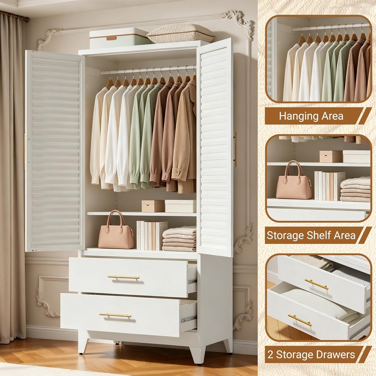 IKIMI 71H Metal Armoire Wardrobe Closet with Adjustable Hanging Rod and Drawers, Clothing Storage Cabinet for Bedroom, Bathroom, White