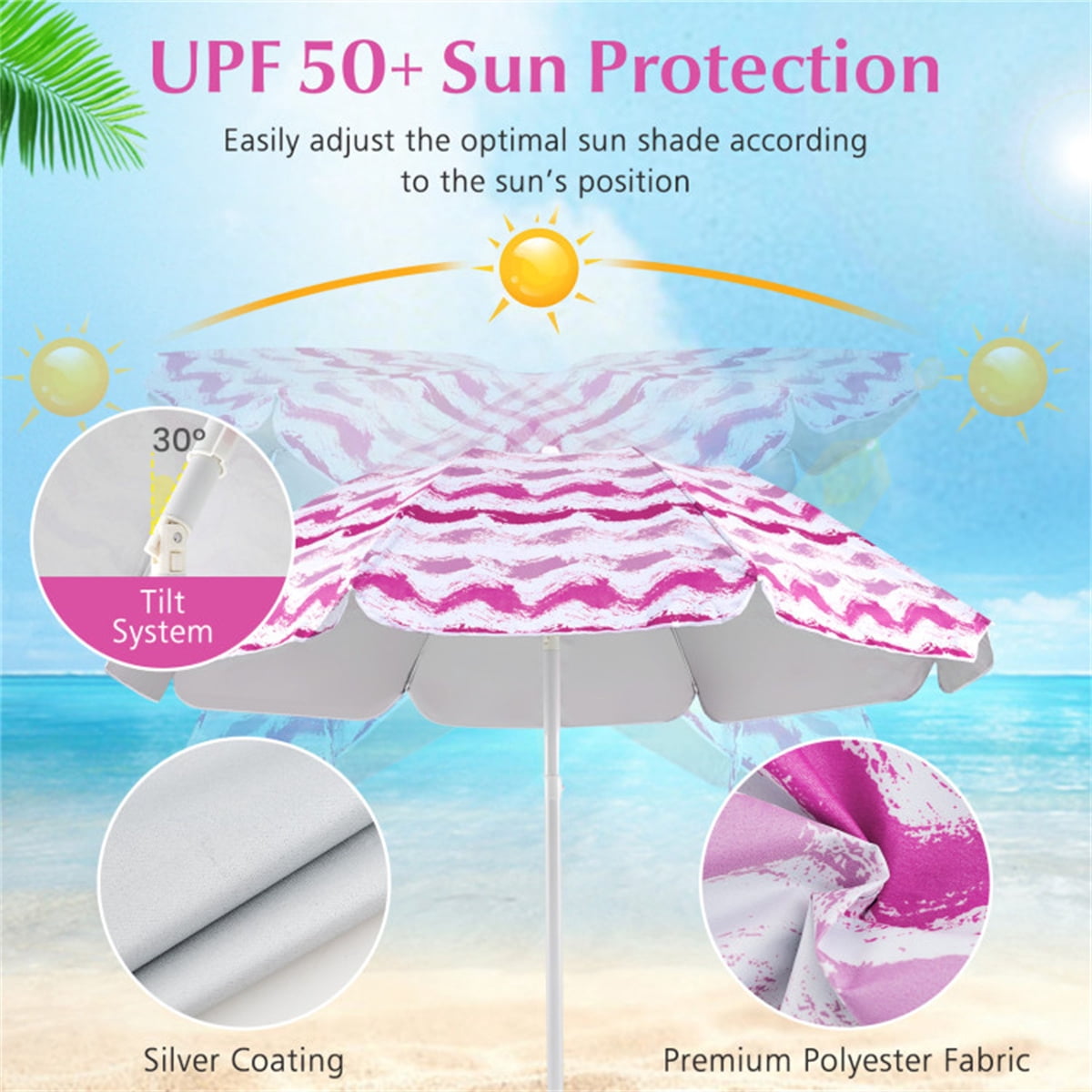 Portable Beach Set 4-Piece Pink – Sun-Proof Umbrella 2 Comfortable Folding Chairs & Large Waterproof Picnic Blanket