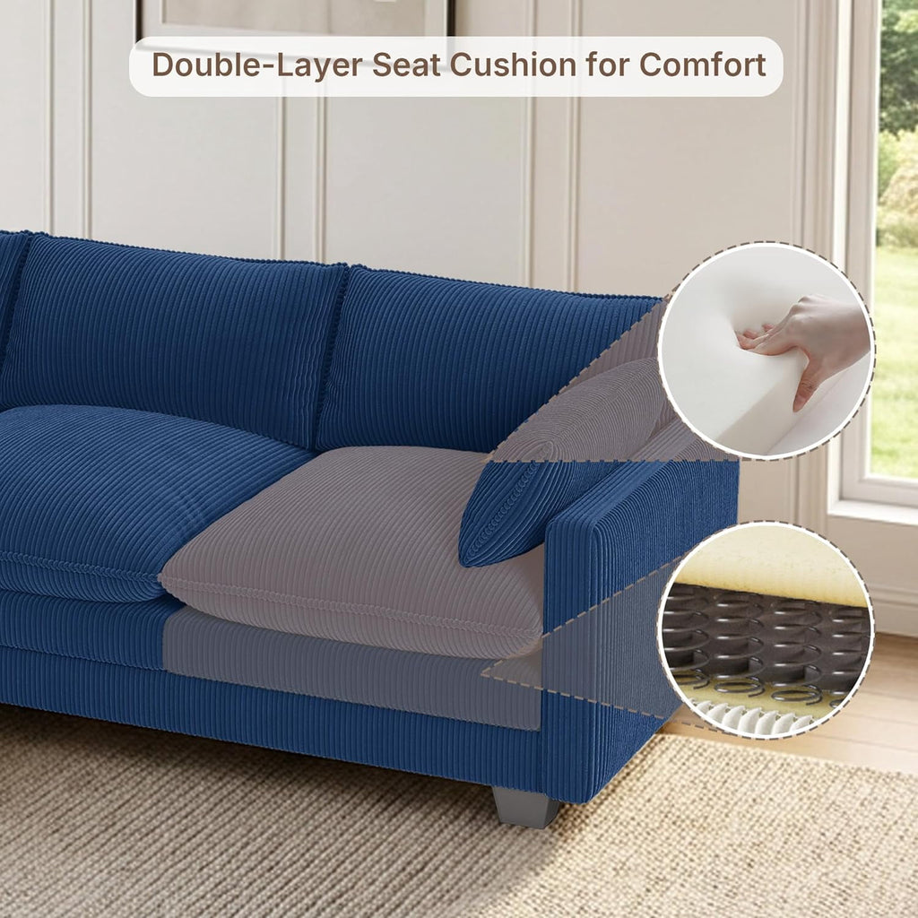 110'' Oversized L Shaped Couch for Living Room, Cloud Couches with Washable Corduroy Cover, Modern 4-Seater Comfy Deep-Seat Sofa with Movable Ottoman and 2 Throw Pillows for Apartment, Gray