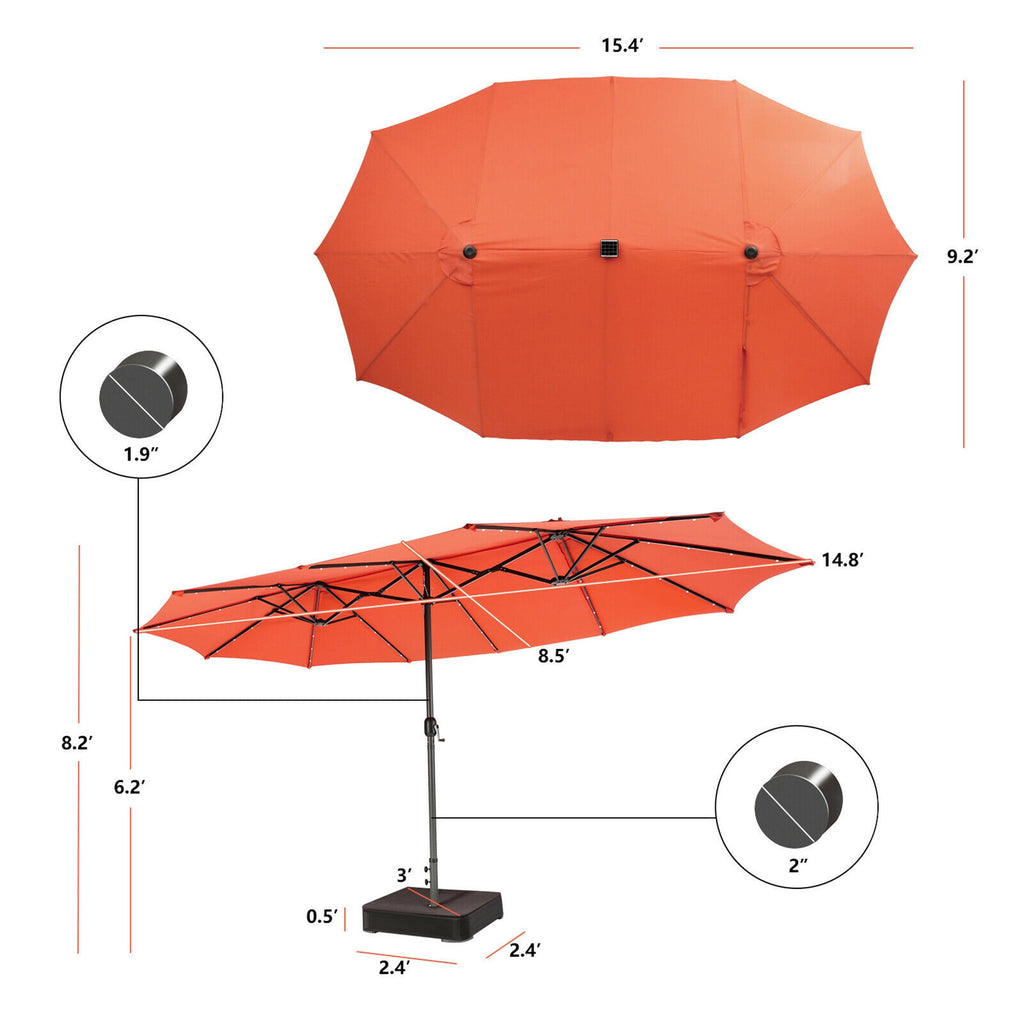 Gymax Outdoor 15' Double-Sided Patio Umbrella 48 Solar LED Lights Crank & Base Coffee