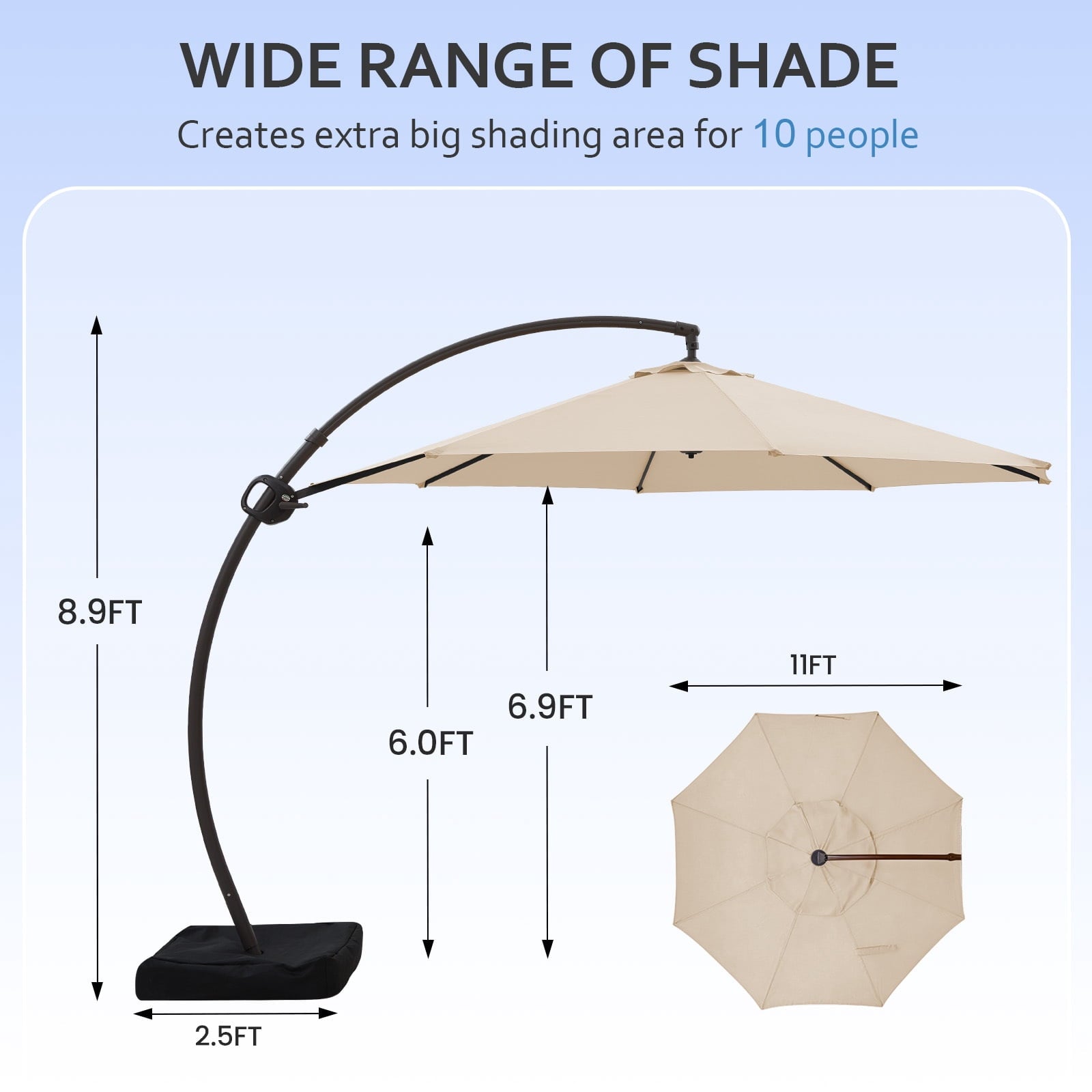 FUNDAZE 11ft Market Patio Umbrella with Base, Curved Cantilever Hanging Sun Shade with Crank & Tilt for Garden, Deck, Poolside,Beige