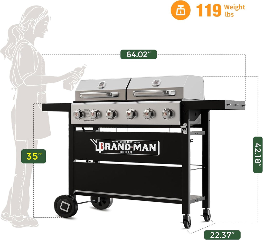 Brand Man Propane 6-Burner Combo Gas Grill with Flat Top Griddle, Heavy Duty 2-in-1 BBQ with Stainless Steel Lids for Outdoor Barbecue