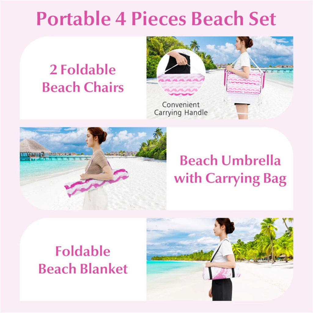 Portable Beach Set 4-Piece Pink – Sun-Proof Umbrella 2 Comfortable Folding Chairs & Large Waterproof Picnic Blanket