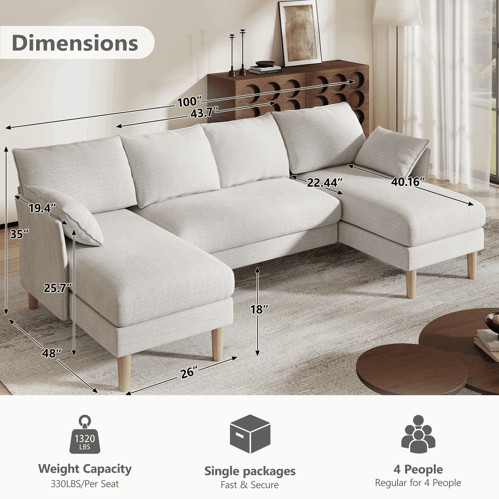 BedLuxury 100 U-Shape Sectional Sofa with Chaise, Chenille Modern Couch with High Legs for Living Room, Apartment, Beige