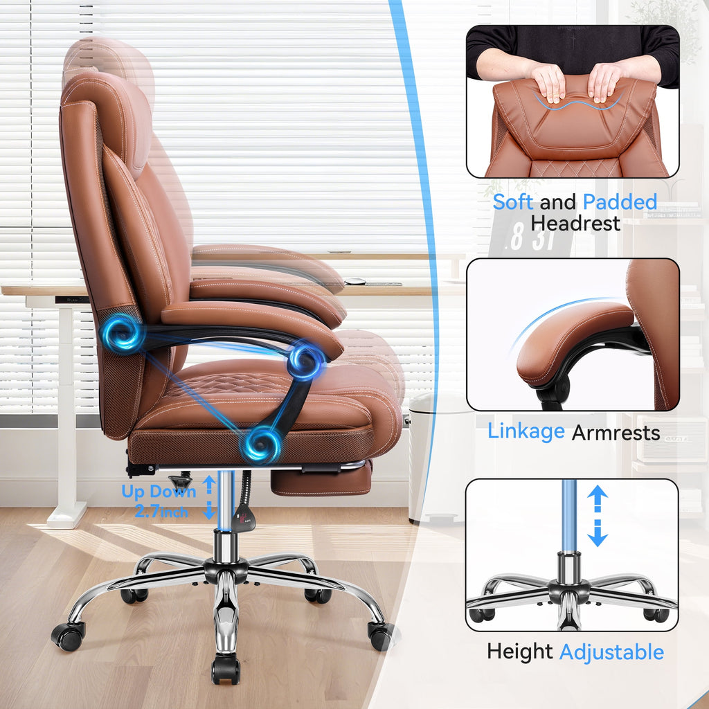 FASTES Ergonomic Office Chair, Big and Tall Leather Desk Chair with Footrest and Lumbar Support, 2-Position Reclining Executive Computer Chair, Black