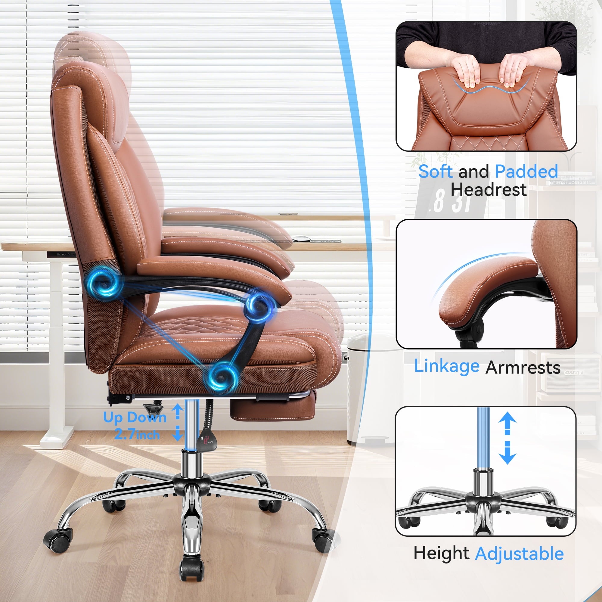 FASTES Ergonomic Office Chair, Big and Tall Leather Desk Chair with Footrest and Lumbar Support, 2-Position Reclining Executive Computer Chair, Black