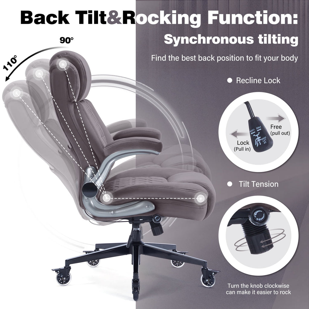 High Back Office Chair with Lockable Wheels, 400lbs Large Fabric Executive Desk Chair, Adjustable Lumbar Support Flip up Arms, Ergonomic Home Office Computer Chair with Storage Pocket, Black
