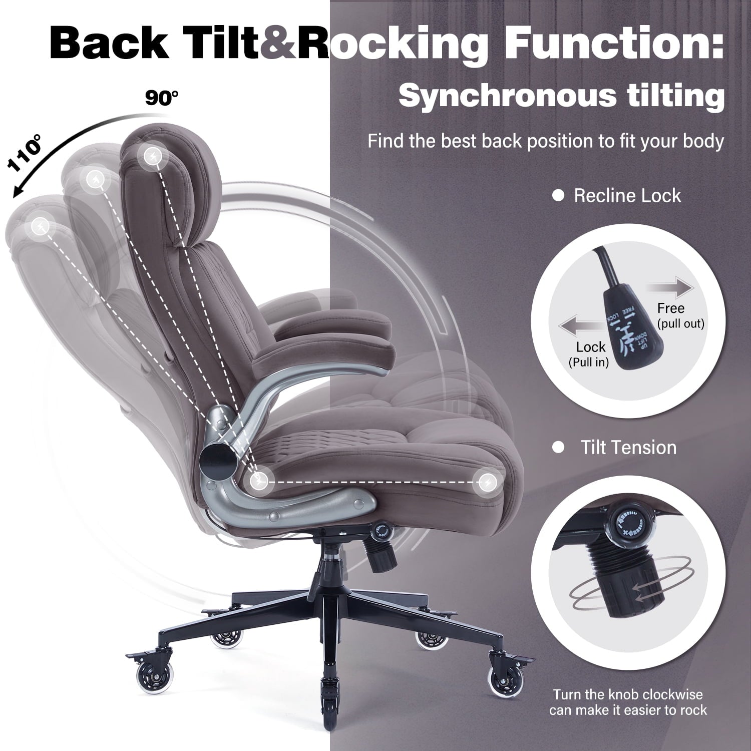 High Back Office Chair with Lockable Wheels, 400lbs Large Fabric Executive Desk Chair, Adjustable Lumbar Support Flip up Arms, Ergonomic Home Office Computer Chair with Storage Pocket, Black