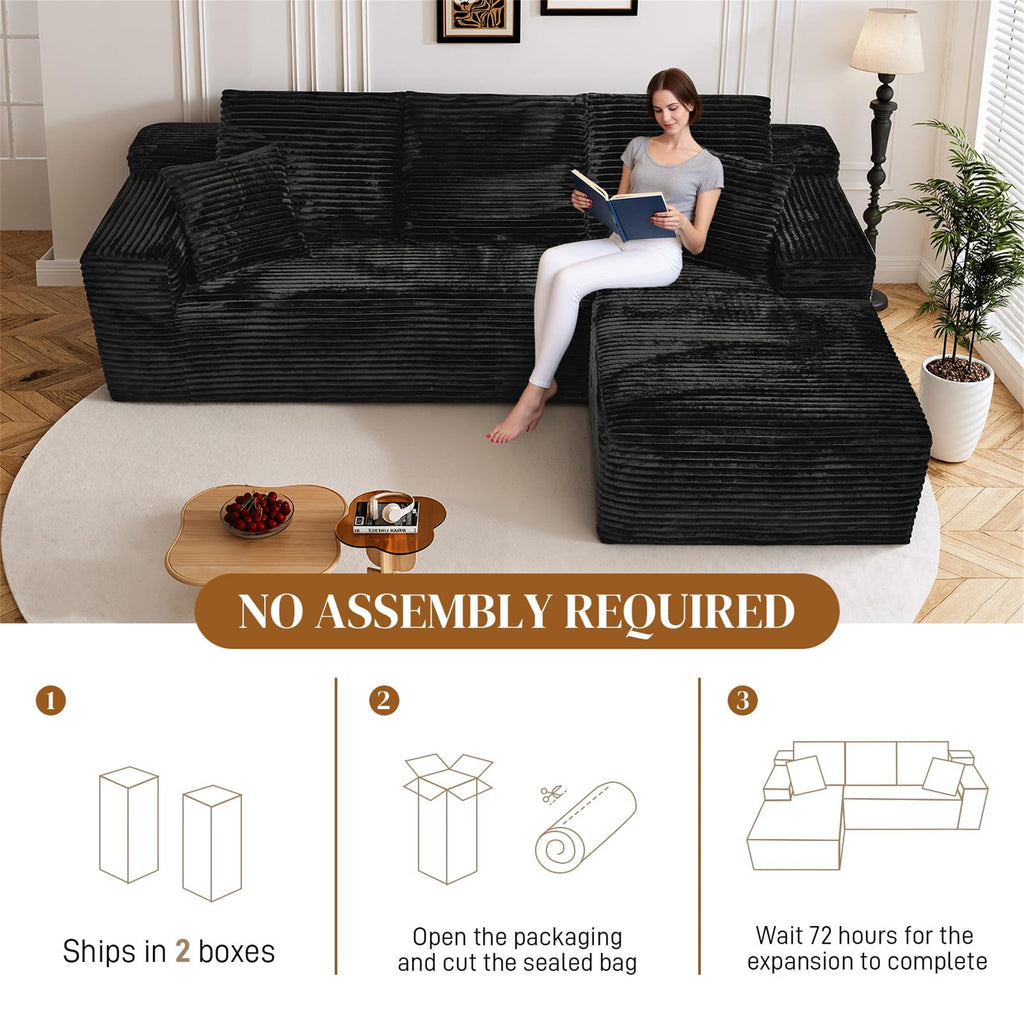 Aukfa 95 Cloud Sectional Sofa Deep Seat Boneless Couch Modular L-Shaped Couch, Left Chaise Corduroy Sofa for Living Room, Black