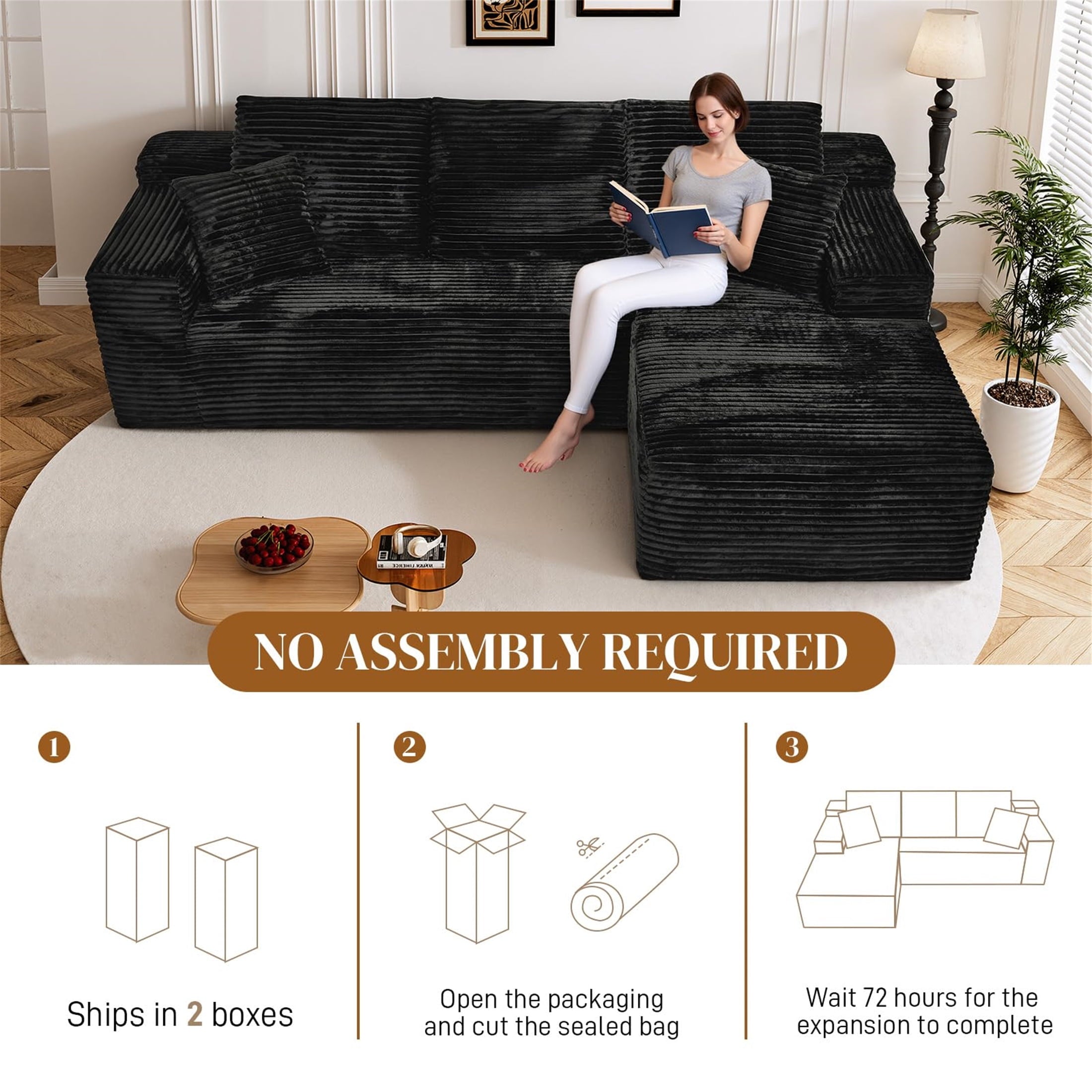 Aukfa 95 Cloud Sectional Sofa Deep Seat Boneless Couch Modular L-Shaped Couch, Left Chaise Corduroy Sofa for Living Room, Black